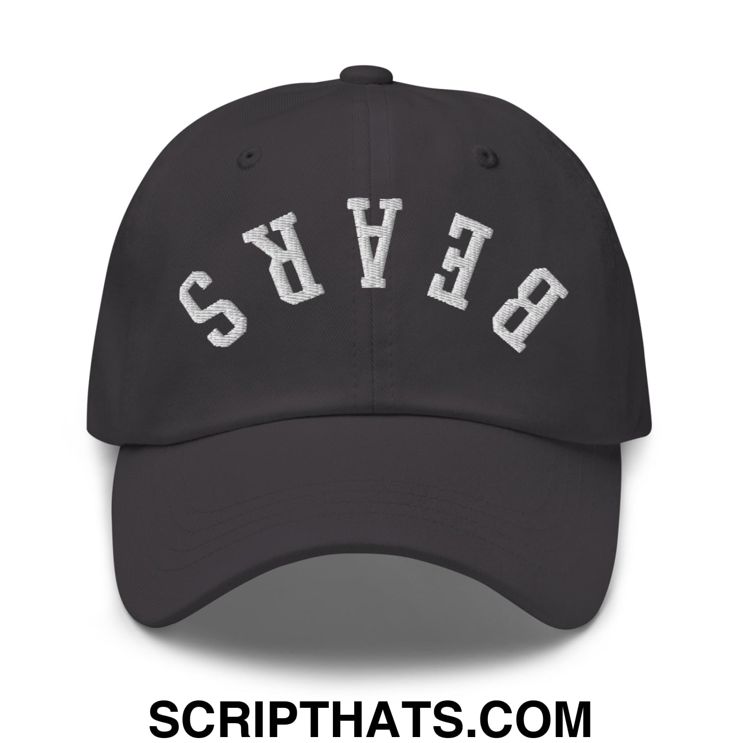 Black unstructured dad hat with white embroidered bears lettering in an arched design called upside down bears