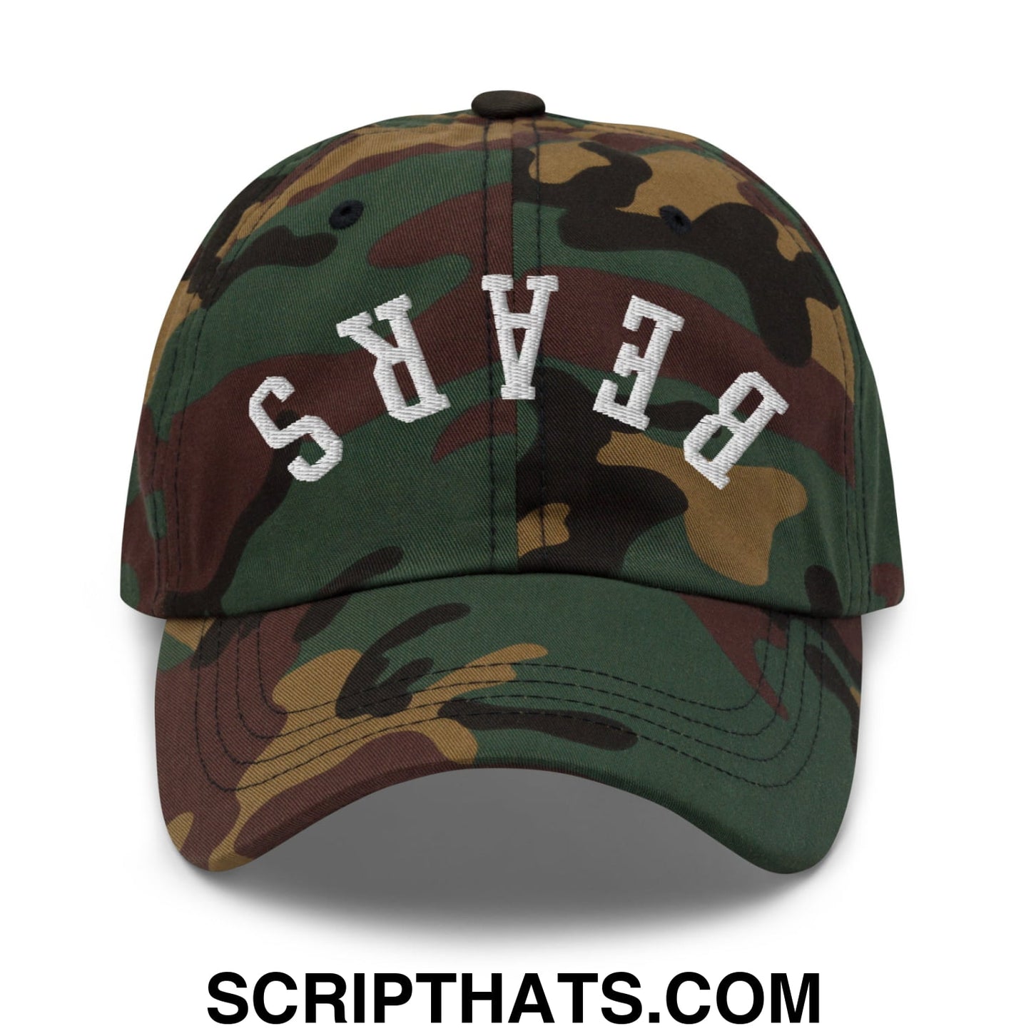 A camouflage unstructured dad hat with upside down bears embroidered in white on the front panel