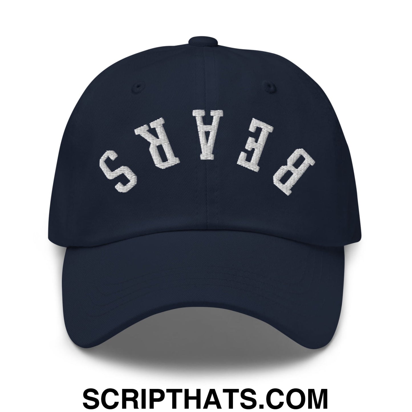 Navy blue unstructured dad hat with white arched bears embroidery featuring upside down design