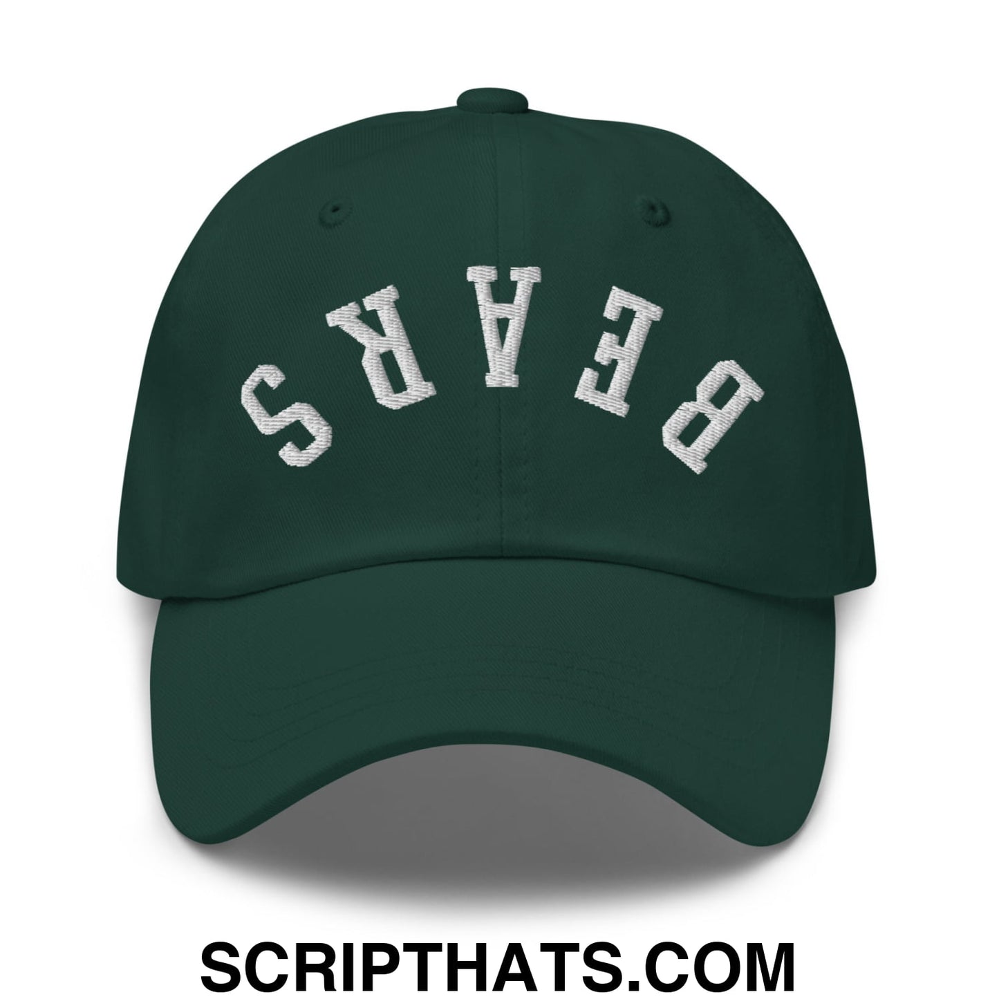 Dark green unstructured dad hat with white embroidered bears lettering in an arched design on front panel