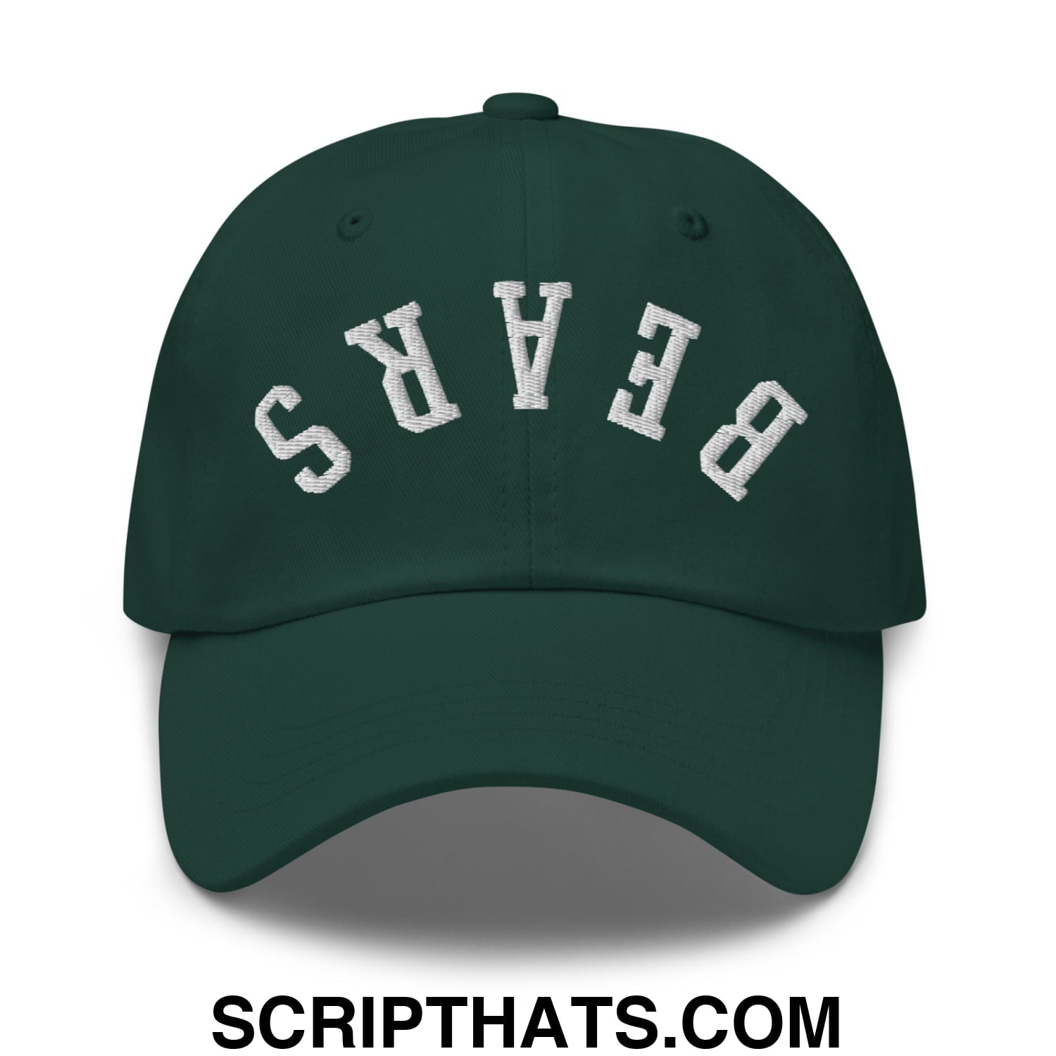 Dark green unstructured dad hat with white embroidered bears lettering in an arched design on front panel