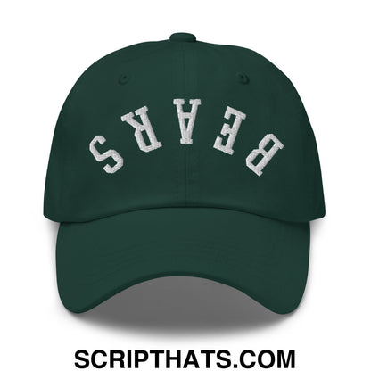 Dark green unstructured dad hat with white embroidered bears lettering in an arched design on front panel