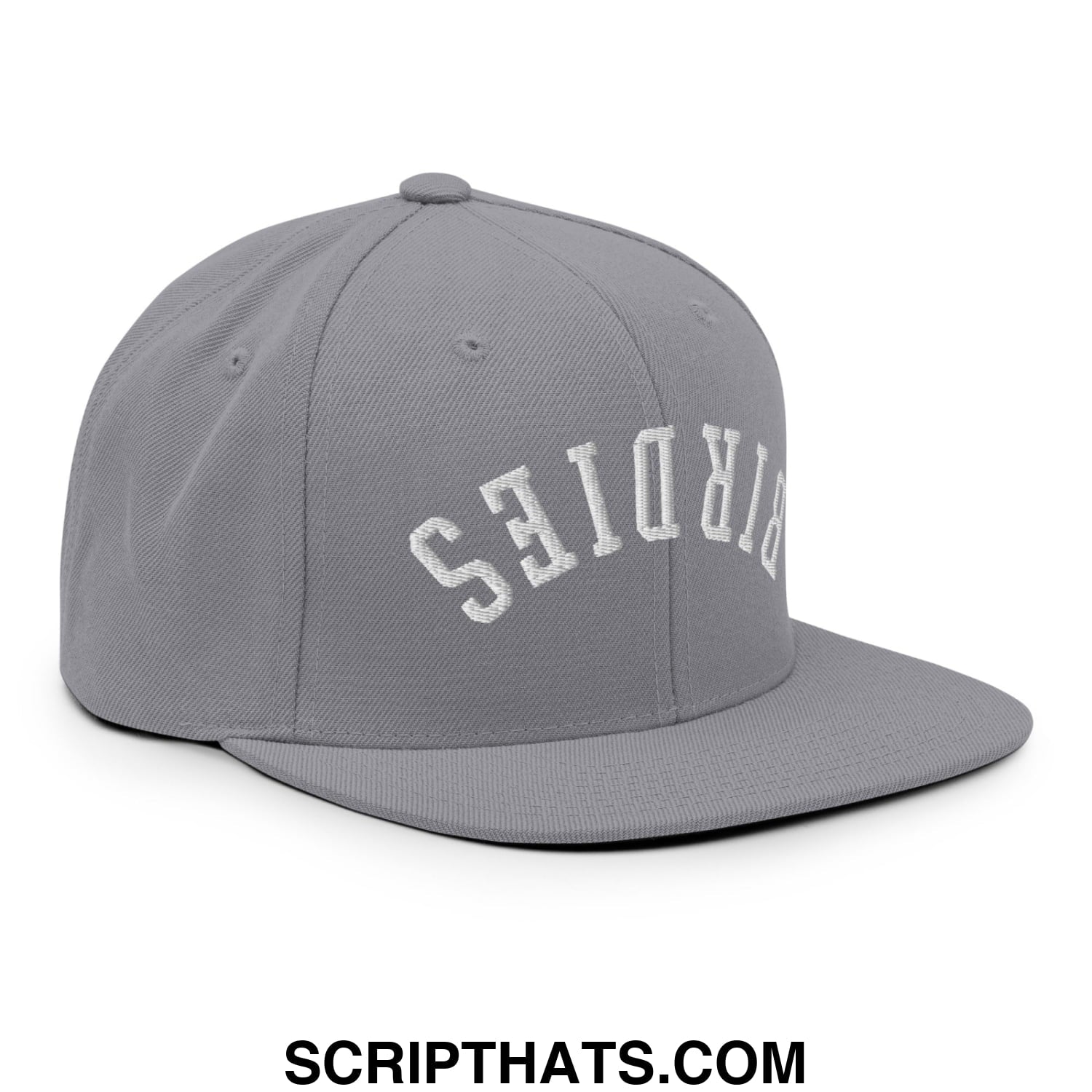 Gray snapback hat with white embroidered birddies lettering and flat bill brim in an arched design