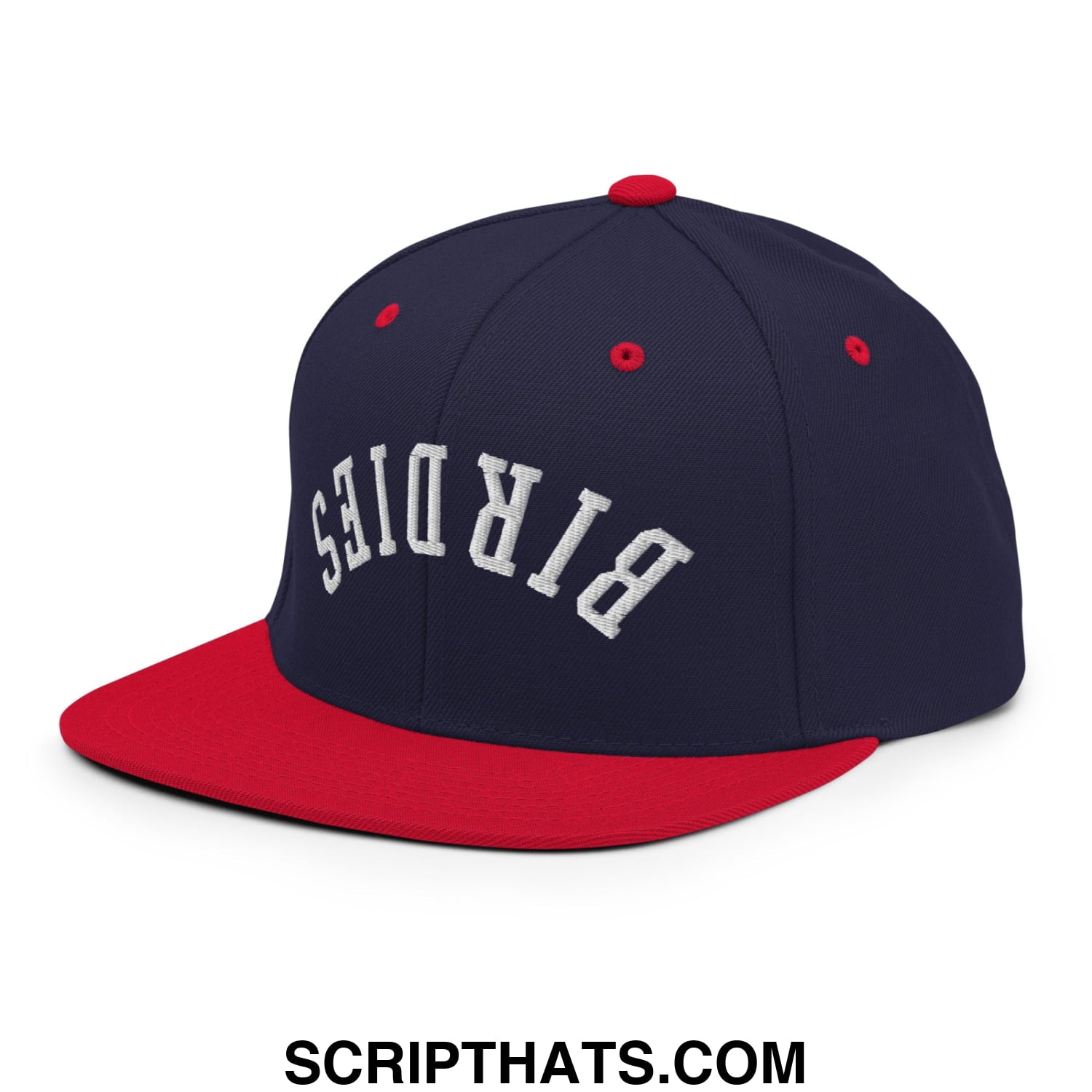 Navy blue and red snapback hat with white embroidered birds lettering and flat bill brim for casual wear
