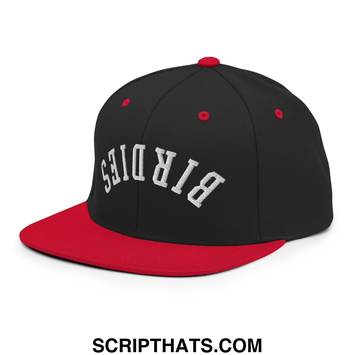 Black and red snapback cap with white embroidered birds lettering and flat bill brim in upside down birdies style