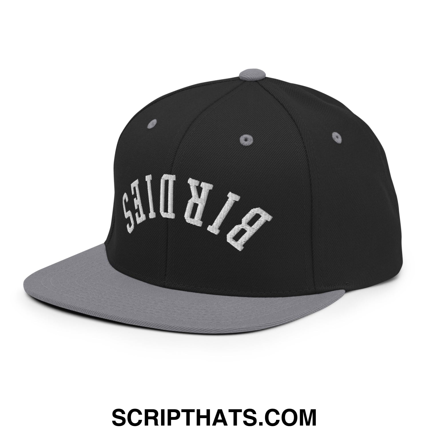 Black and gray snapback hat with white birds embroidered on the front in arched lettering and flat bill brim