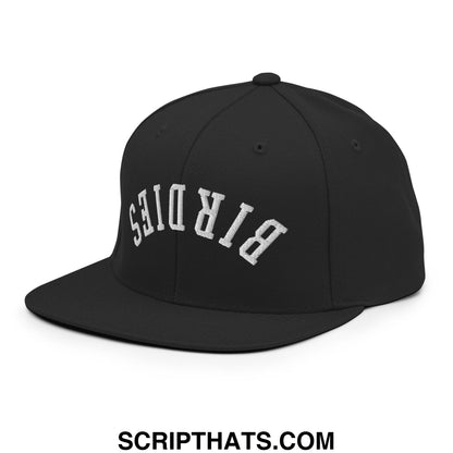 Black snapback hat with white embroidered birds lettering and flat bill brim from upside down birdies collection