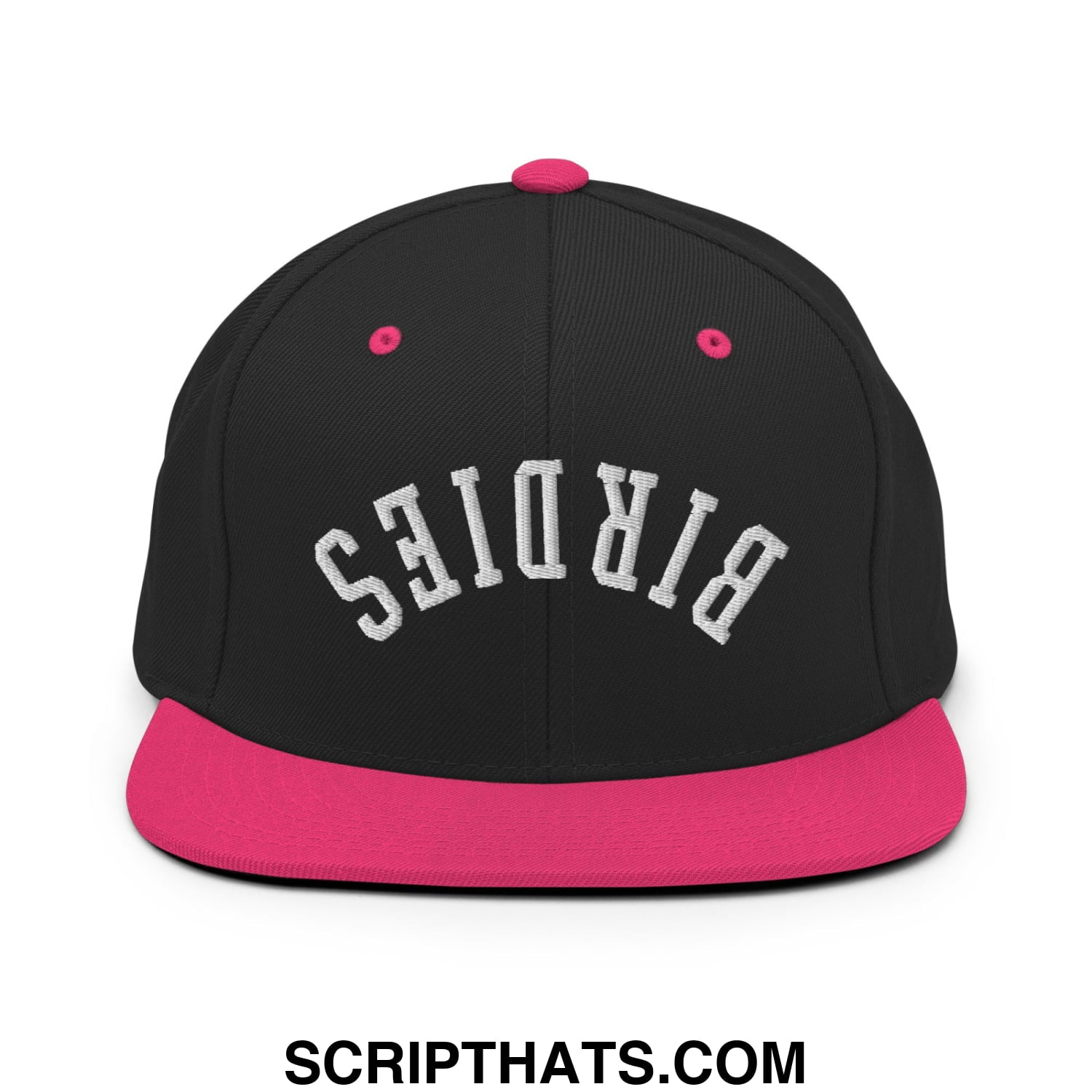 Black snapback cap with vibrant pink brim and button featuring birds embroidered in white flat bill brim design