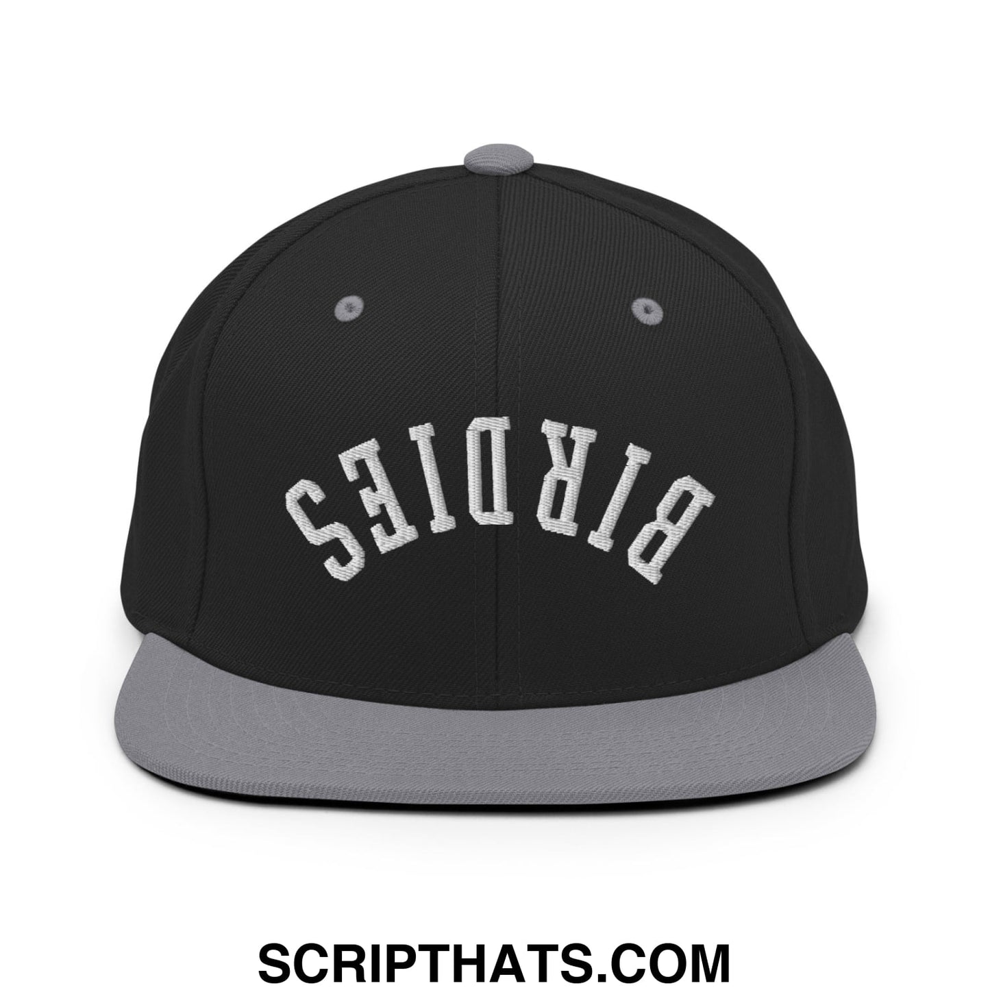Black and gray snapback cap with upside down birdies embroidered in white arched lettering on a flat bill brim