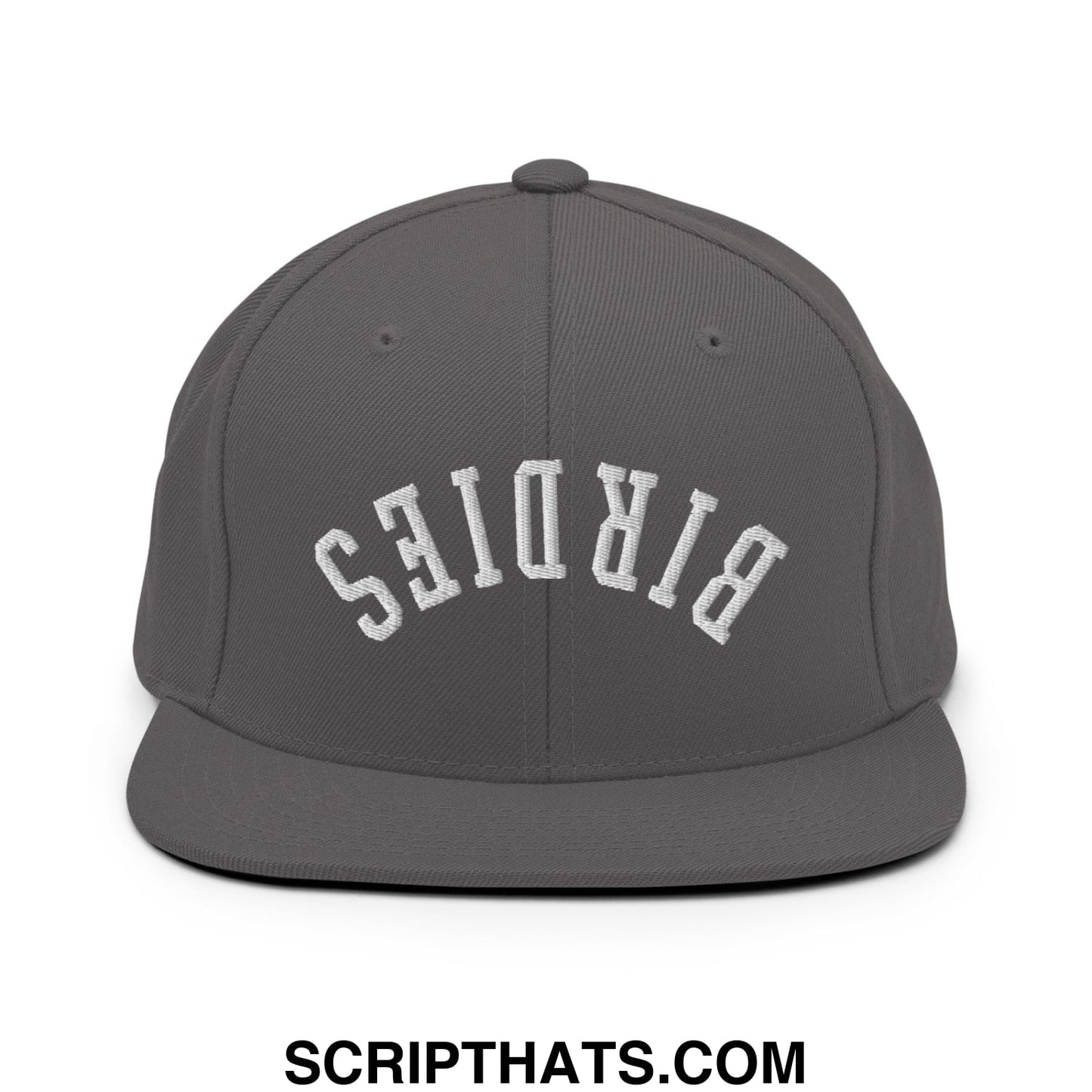 A dark gray snapback hat with white birdies embroidered in arched lettering on a flat bill brim