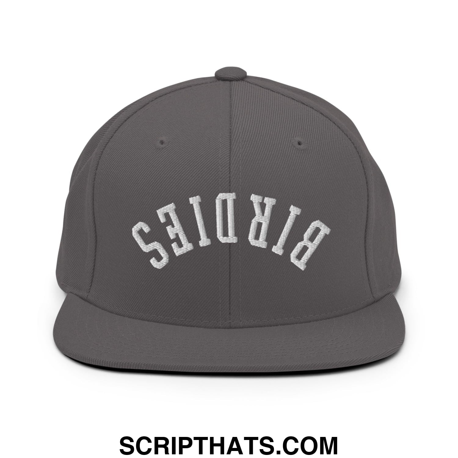 A dark gray snapback hat with white birdies embroidered in arched lettering on a flat bill brim