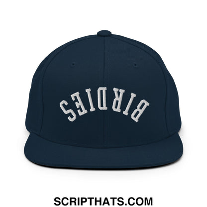 Navy blue snapback hat with white embroidered birdies arch design and flat bill brim for casual wear