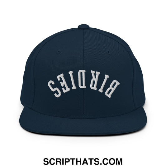 Upside Down Birdies Embroidered Flat Bill Brim Snapback Hat Dark Navy