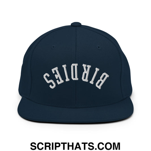 Upside Down Birdies Embroidered Flat Bill Brim Snapback Hat Dark Navy