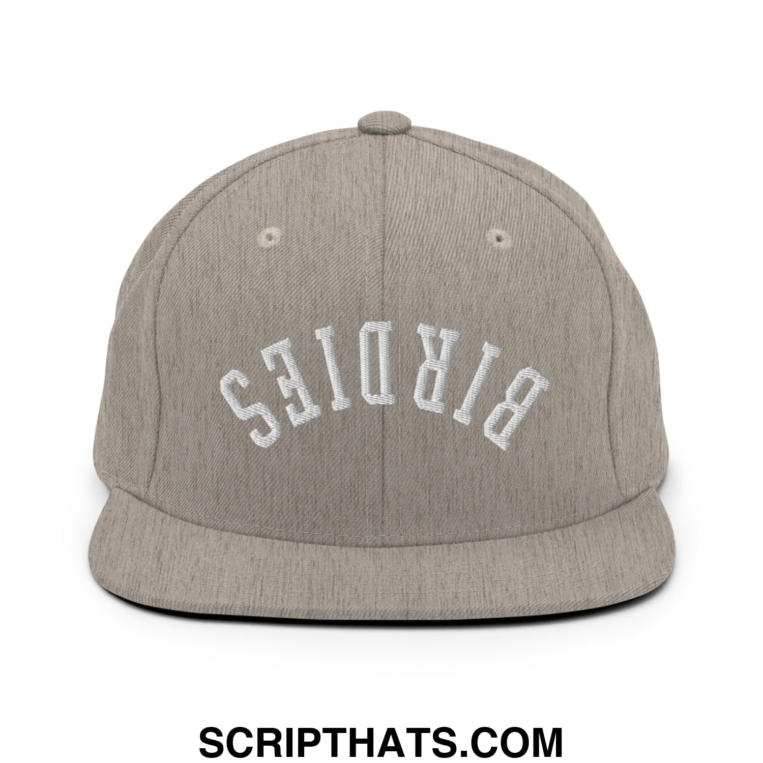Gray heather snapback hat with white embroidered birdies arch design and flat bill brim for casual wear