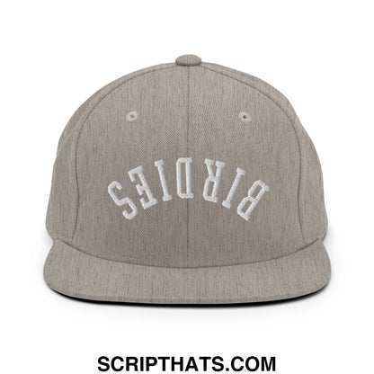 Gray heather snapback hat with white embroidered birdies arch design and flat bill brim for casual wear