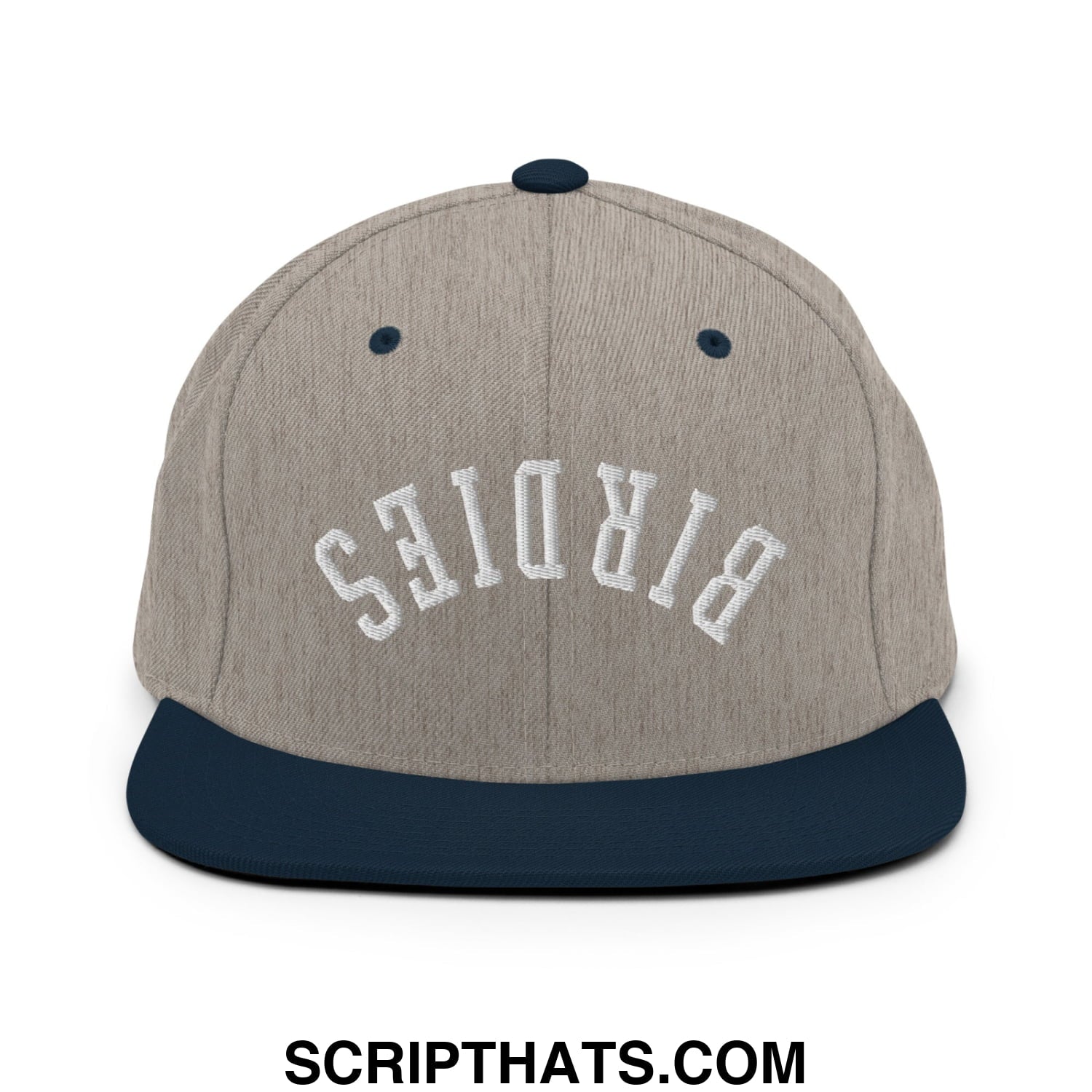 A gray and navy blue flat bill brim snapback hat with white embroidered birds lettering on the front