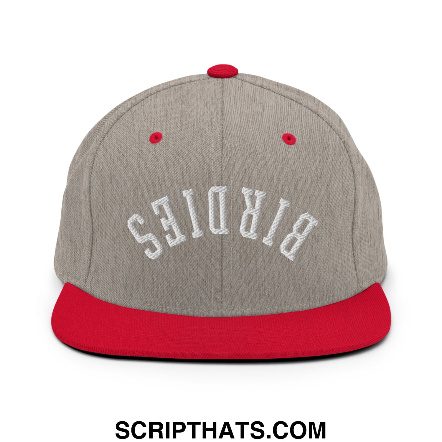 Gray and red snapback hat with white embroidered birds lettering and flat bill brim for casual wear