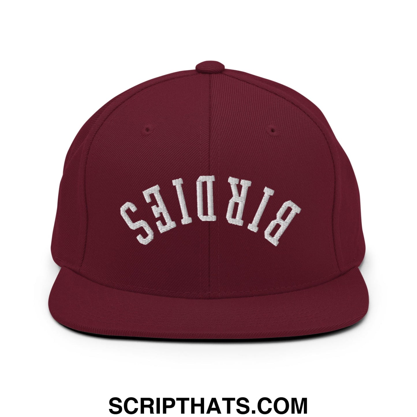 Maroon flat bill snapback hat with white embroidered birdies lettering in an arched design