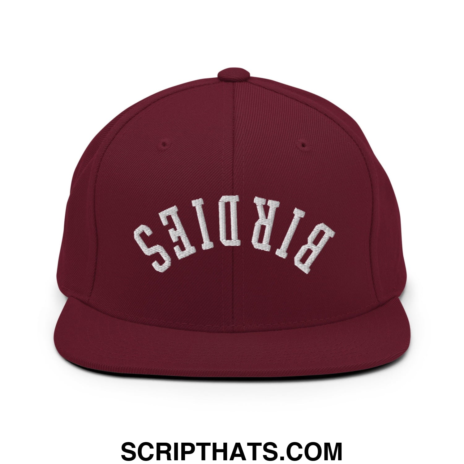 Maroon flat bill snapback hat with white embroidered birdies lettering in an arched design