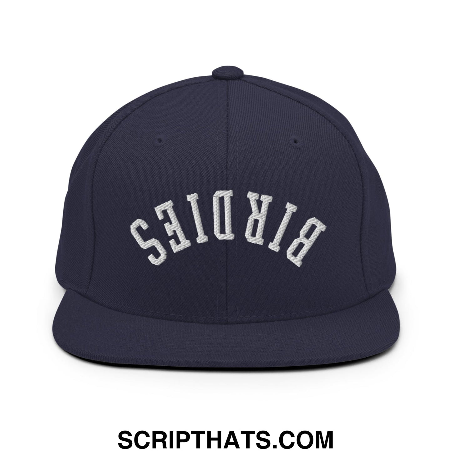 Navy blue snapback hat with white arched birdies embroidery and flat bill brim for casual wear