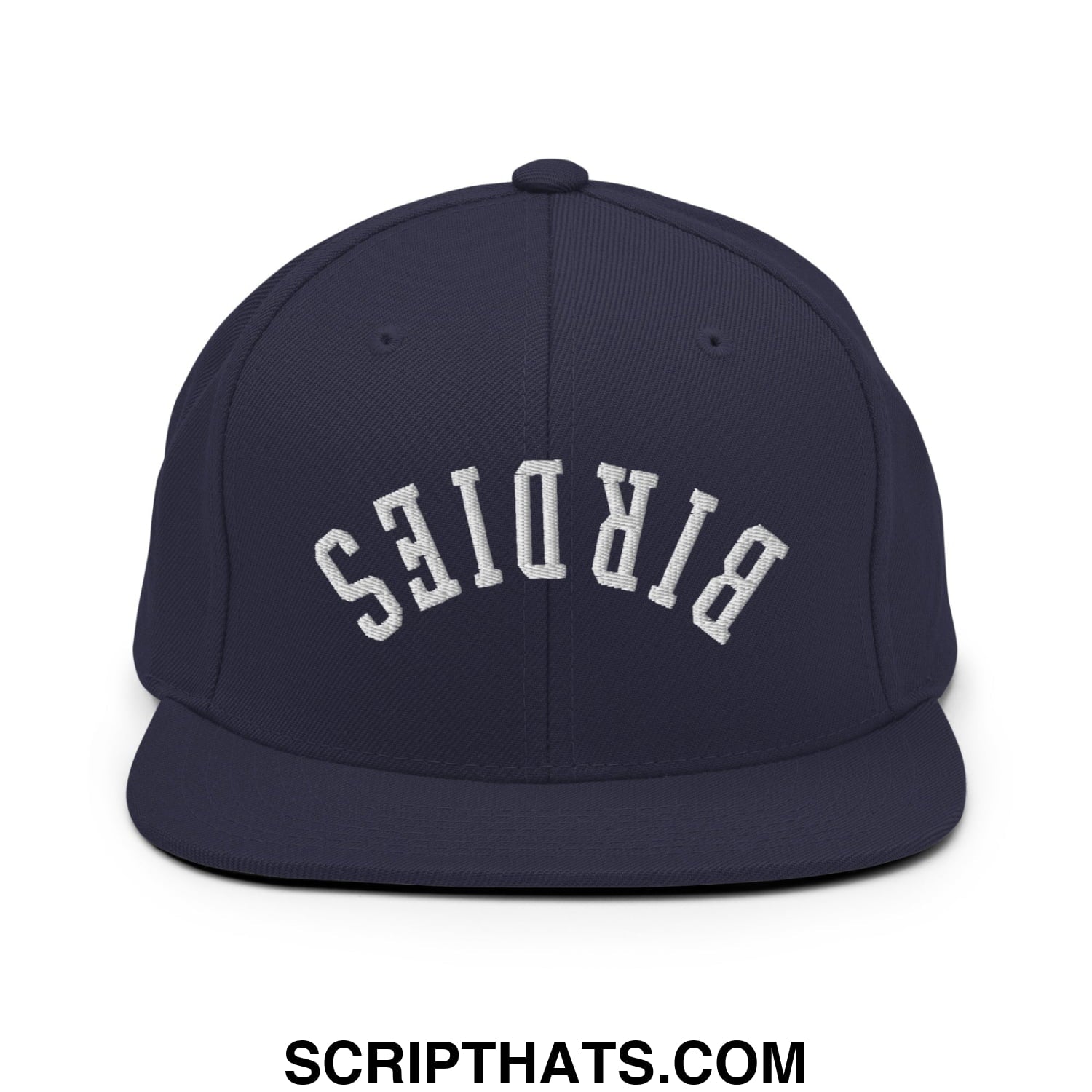 Navy blue snapback hat with white arched birdies embroidery and flat bill brim for casual wear