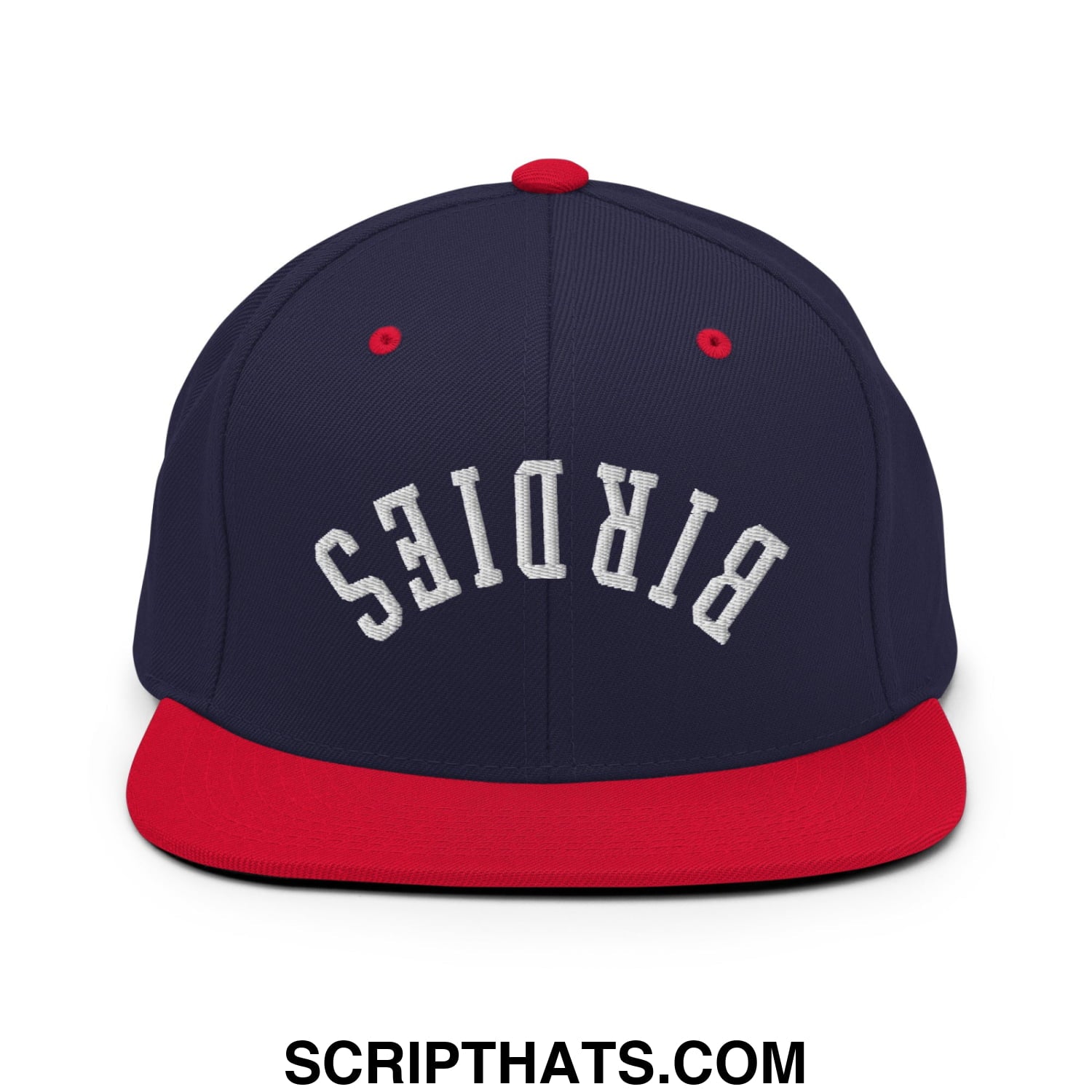 Navy blue and red flat bill snapback hat with white embroidered birds lettering Upside Down Birdies design