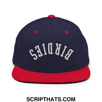 Navy blue and red flat bill snapback hat with white embroidered birds lettering Upside Down Birdies design