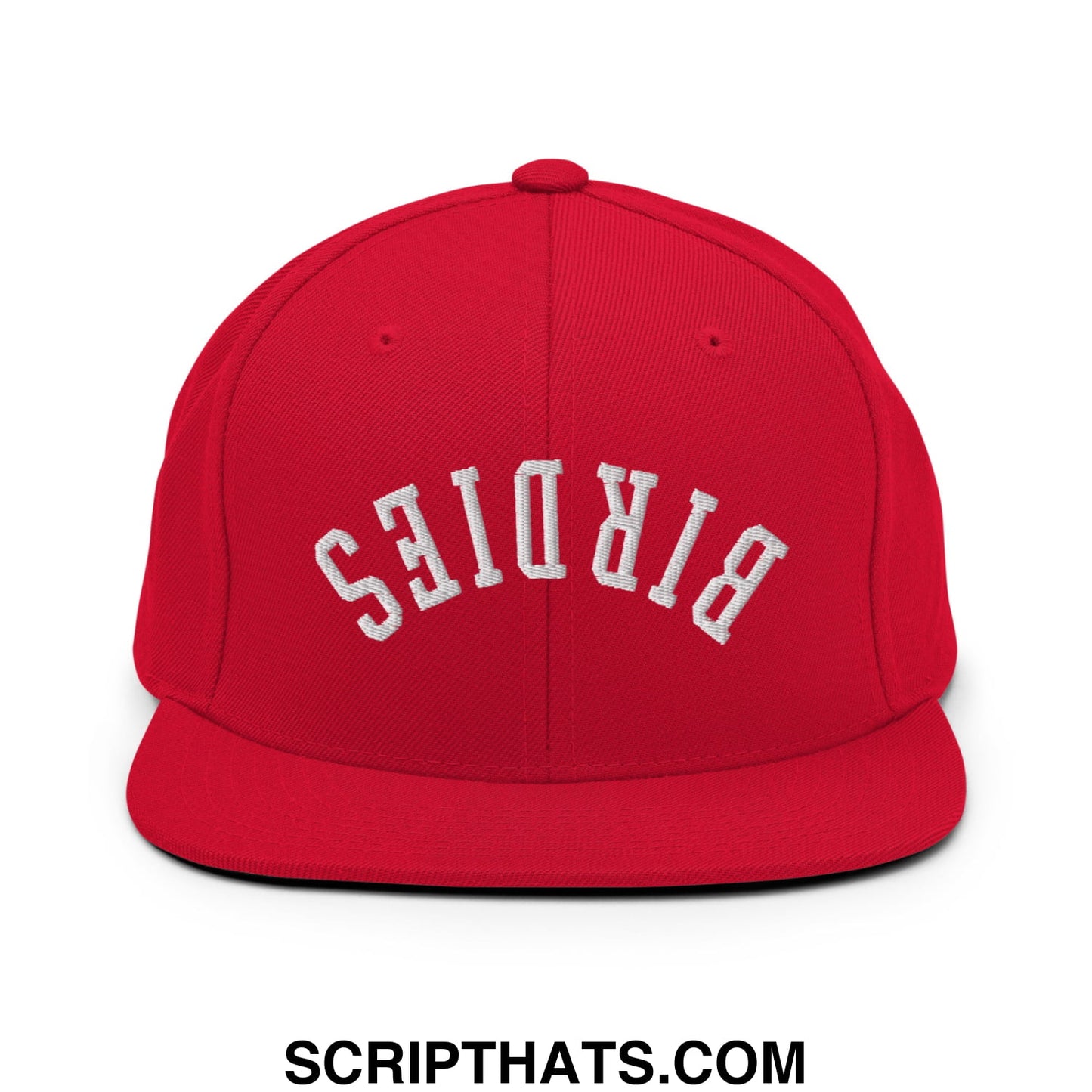 Red snapback cap with white embroidered birds lettering in an arched design and flat bill brim