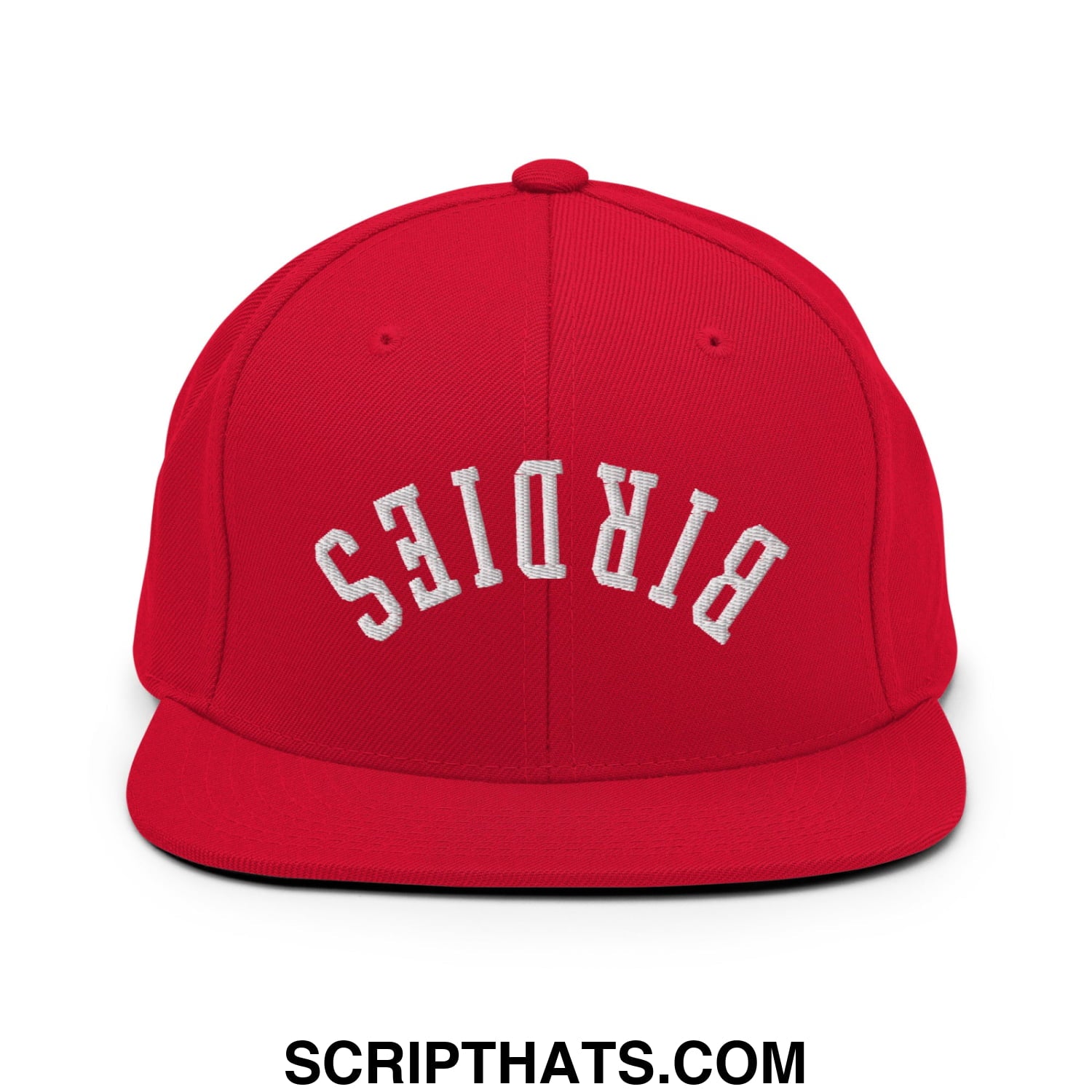 Red snapback cap with white embroidered birds lettering in an arched design and flat bill brim