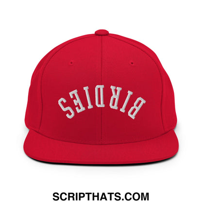 Red snapback cap with white embroidered birds lettering in an arched design and flat bill brim