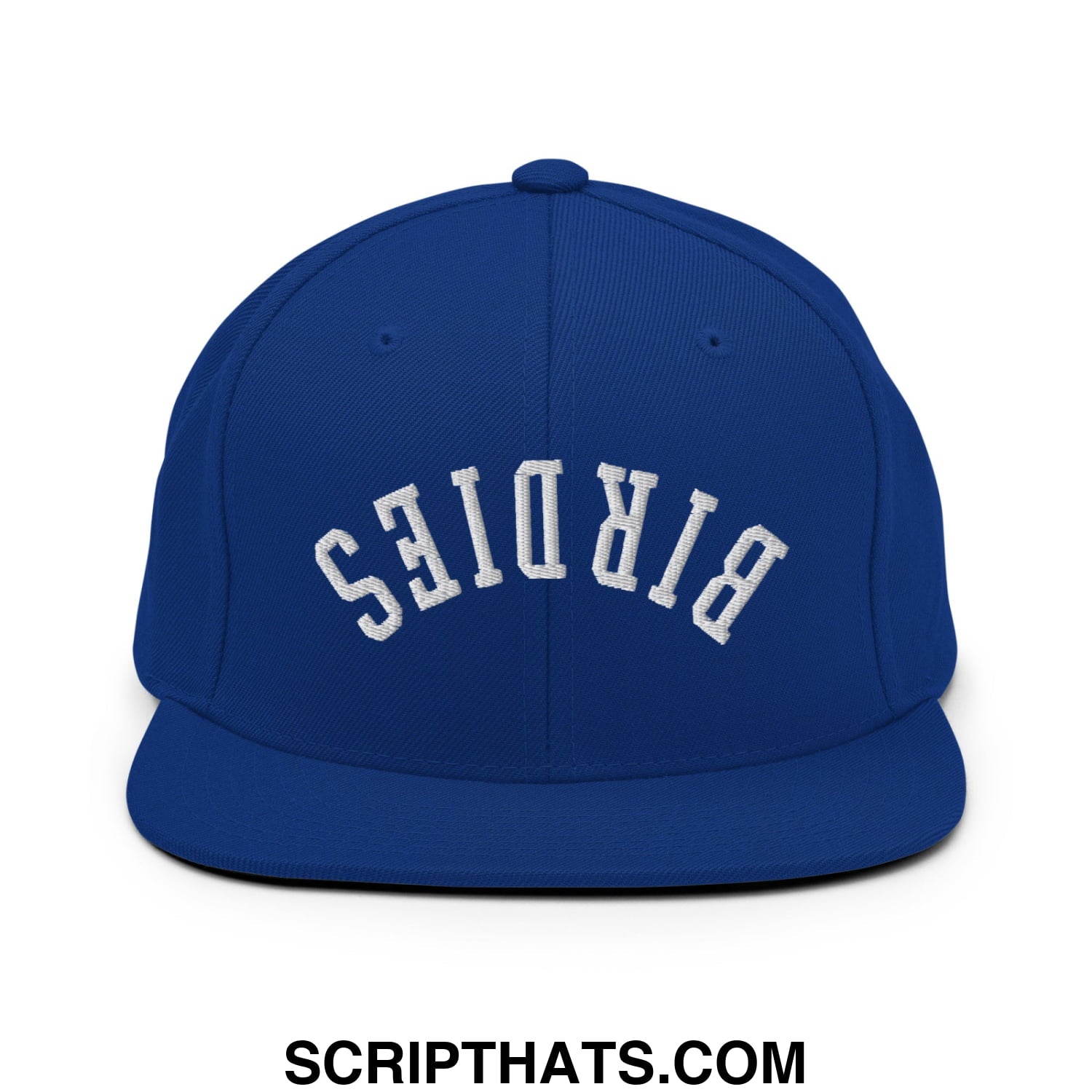 Royal blue snapback hat with white embroidered birds lettering and flat bill brim Upside Down Birdies design