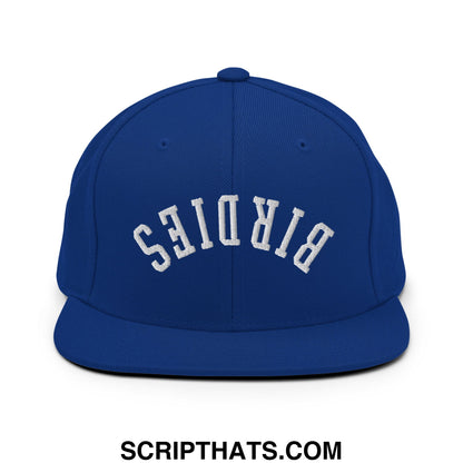 Royal blue snapback hat with white embroidered birds lettering and flat bill brim Upside Down Birdies design