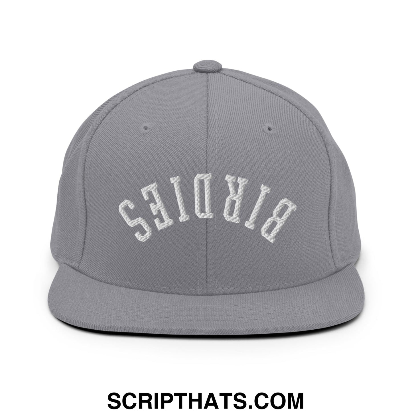 Gray snapback hat with white embroidered birdies arch design and a flat bill brim for casual wear