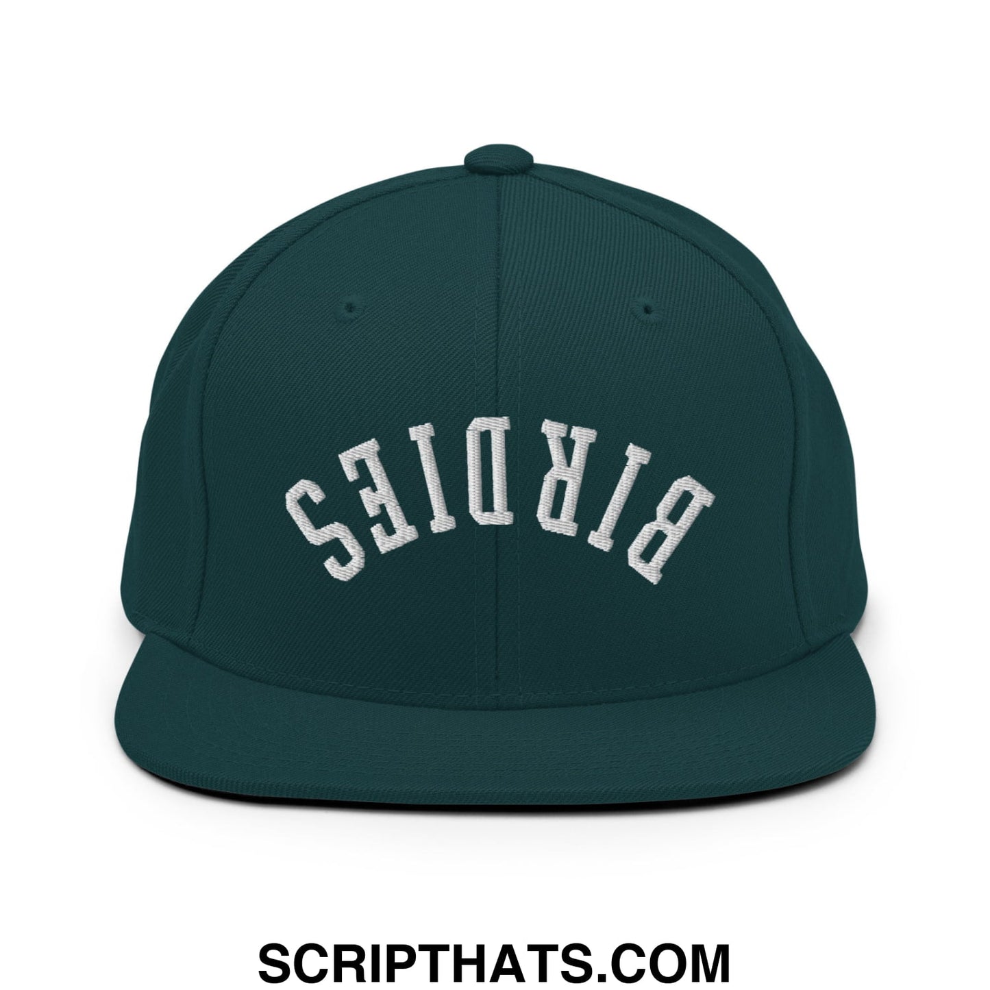 Dark green snapback hat with white embroidered birds lettering and flat bill brim in an arched design