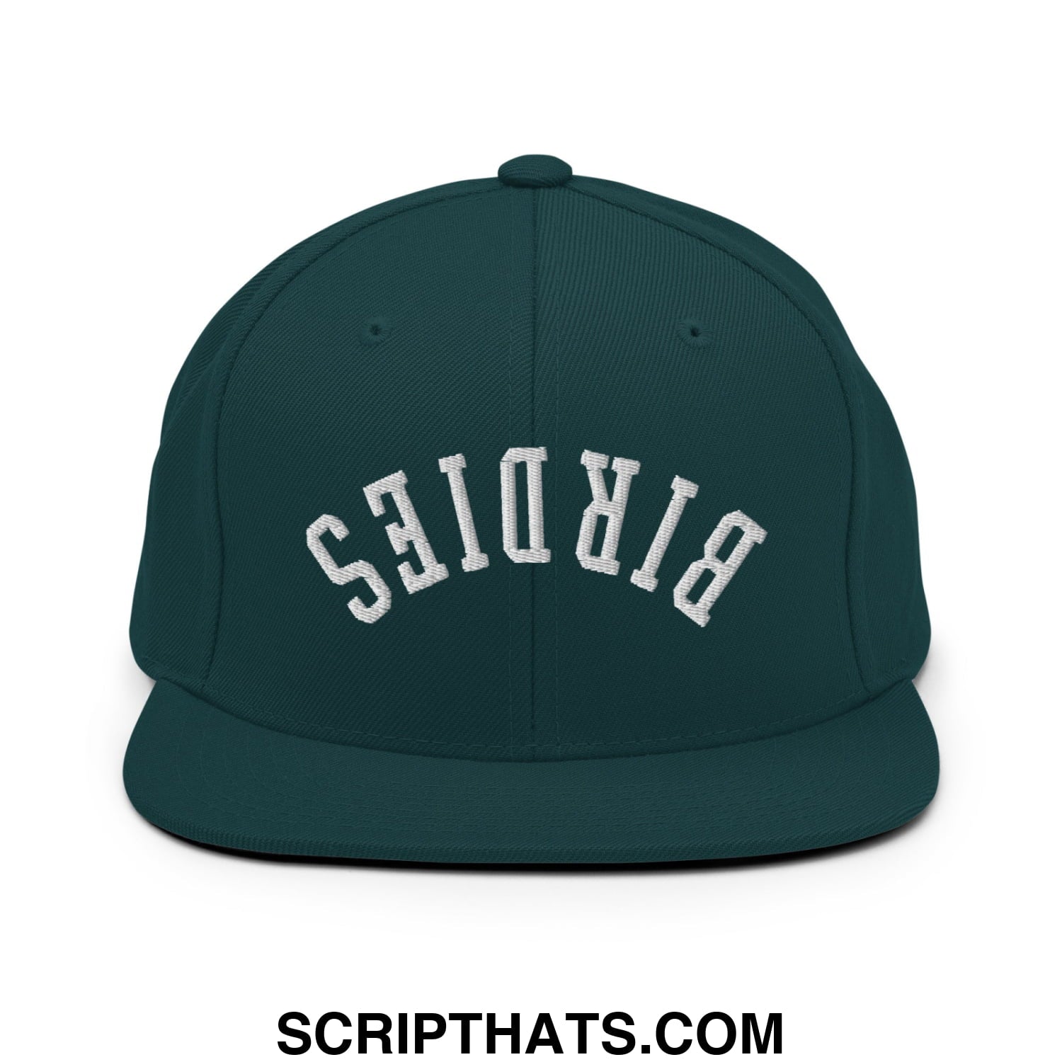 Dark green snapback hat with white embroidered birds lettering and flat bill brim in an arched design