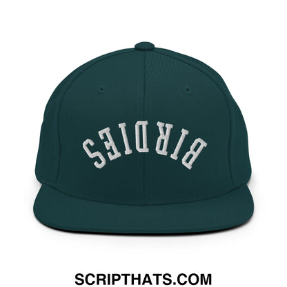 Dark green snapback hat with white embroidered birds lettering and flat bill brim in an arched design