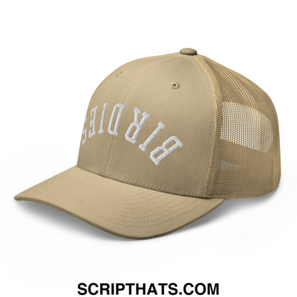 Tan mesh trucker hat with white embroidered birdies lettering on front panel for casual wear
