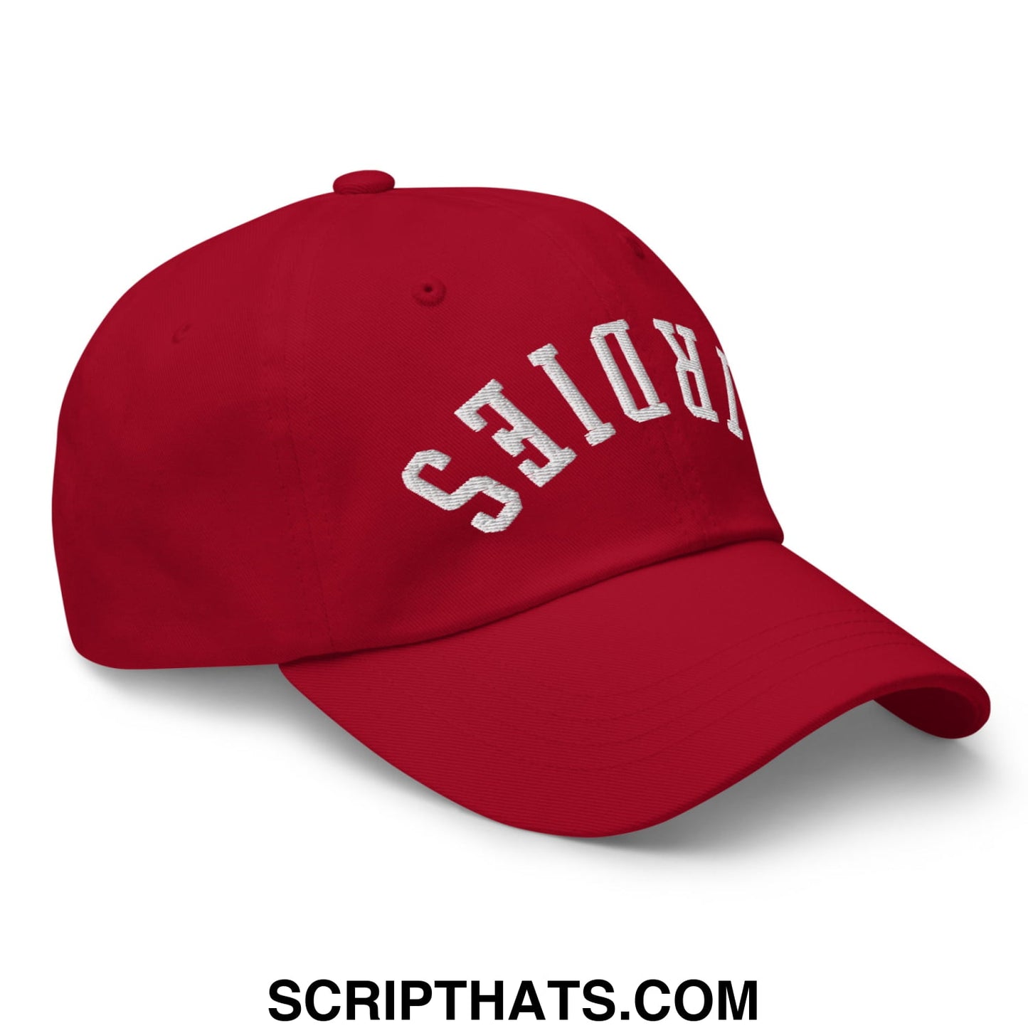 Red unstructured dad hat with white embroidered arkansas lettering from Upside Down Birdies collection