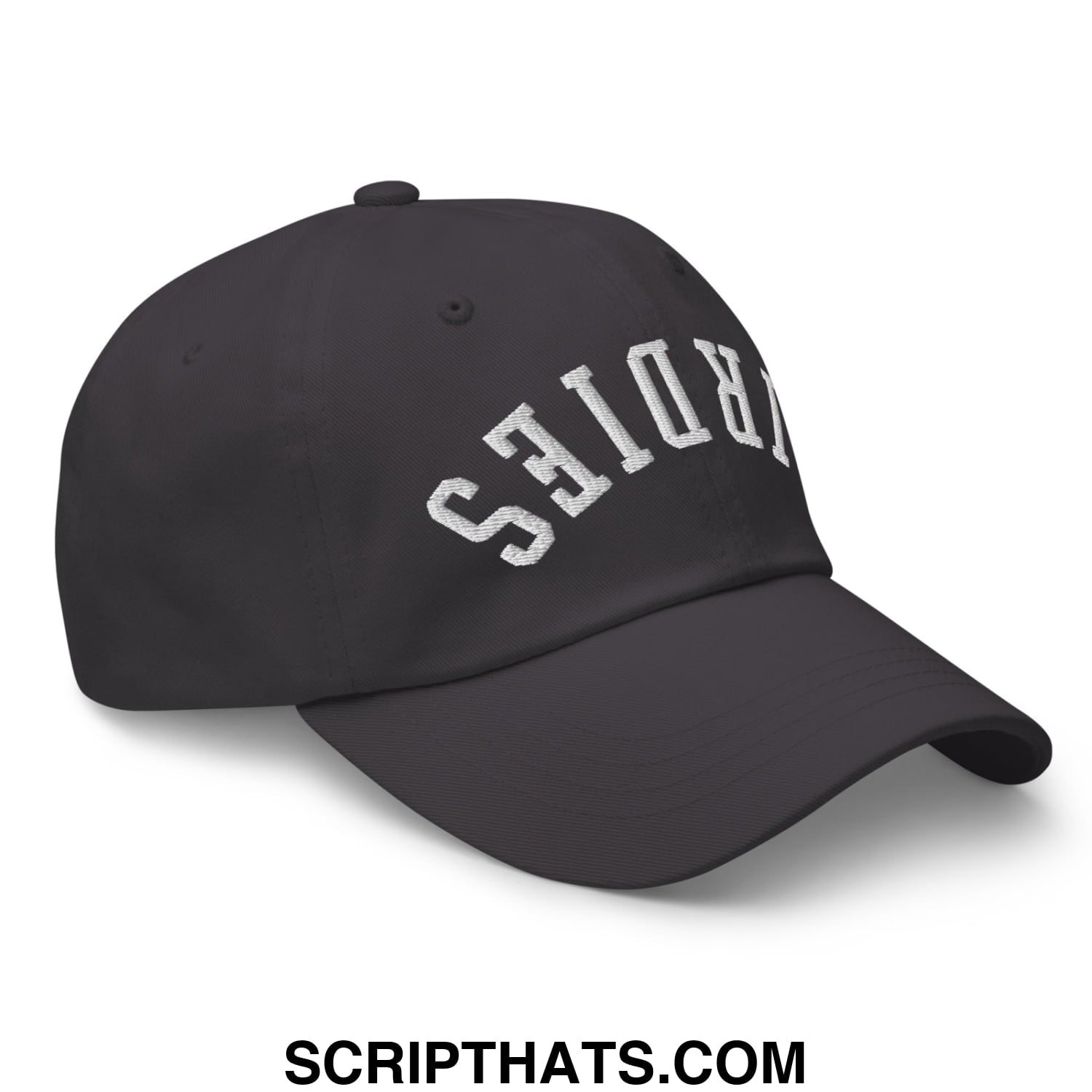 Black upside down birdies unstructured dad hat with white embroidered kroes lettering in arched design