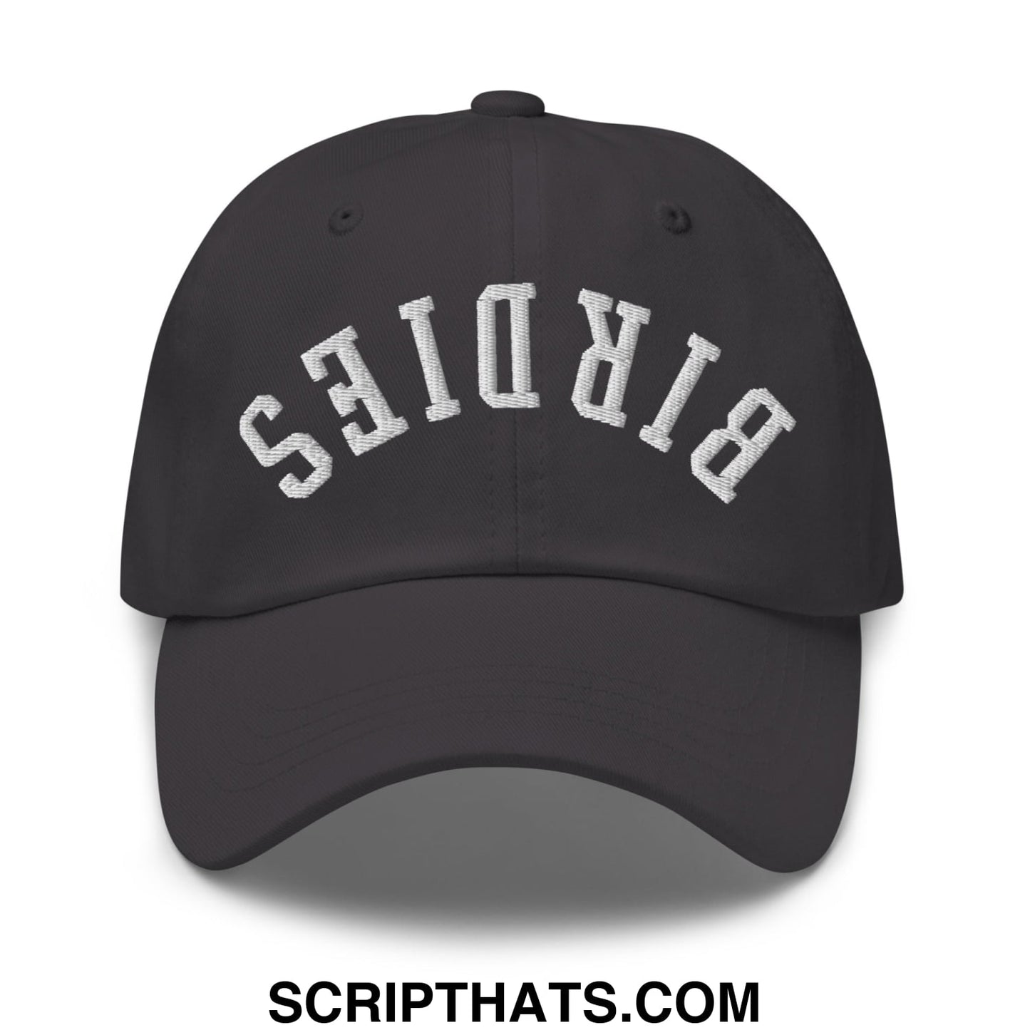 Black unstructured dad hat with white embroidered birds lettering in an arched design titled upside down birdies