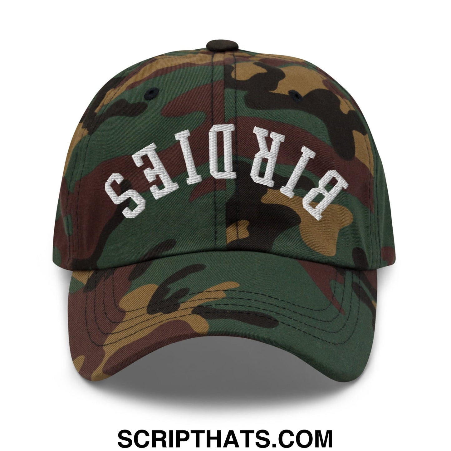 A camouflage unstructured dad hat with birdies embroidered in white arched lettering on the front