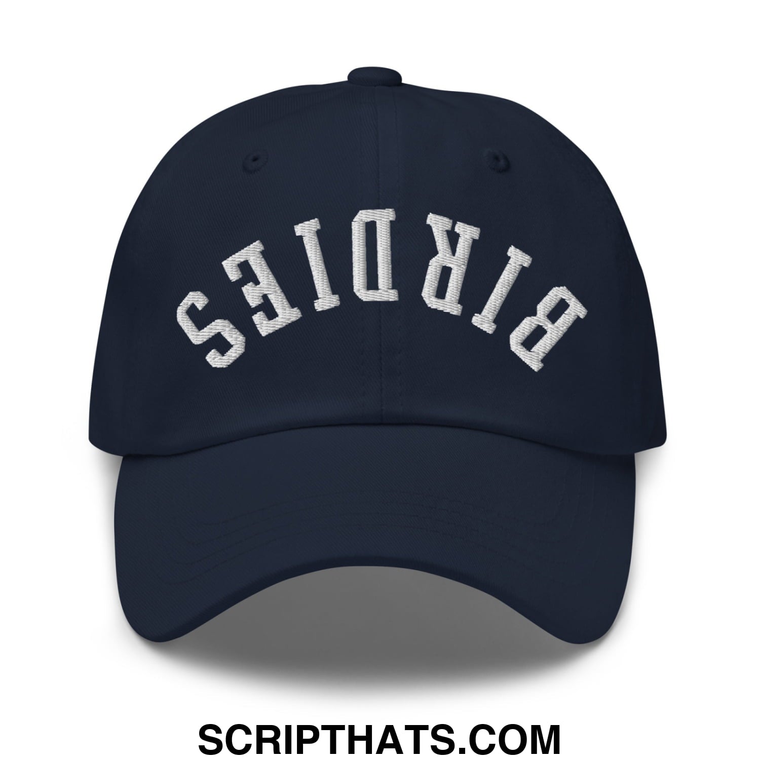 Navy blue unstructured dad hat with white arched birds embroidery featuring upside down birdies design