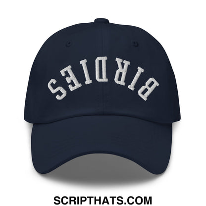 Navy blue unstructured dad hat with white arched birds embroidery featuring upside down birdies design