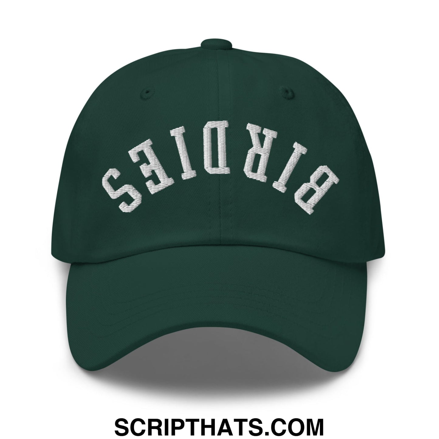 Dark green Upside Down Birdies embroidered unstructured dad hat with white birds embroidery on front