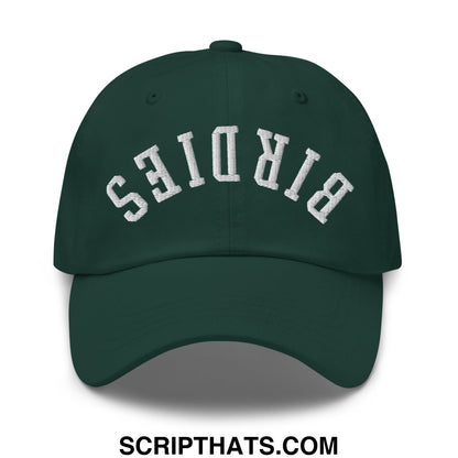Dark green Upside Down Birdies embroidered unstructured dad hat with white birds embroidery on front