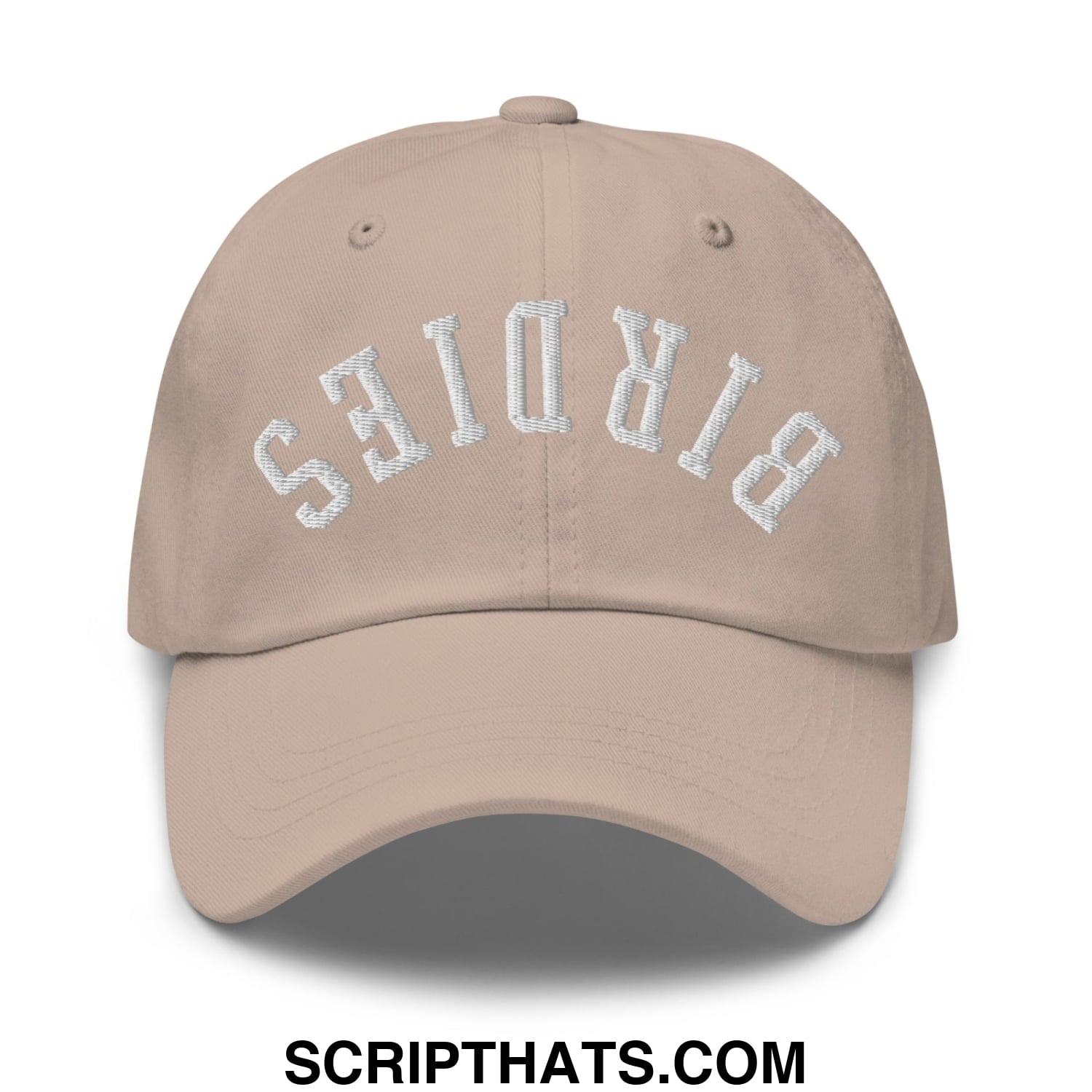 Beige unstructured dad hat with white embroidered birdies arch on front in upside down birdies design