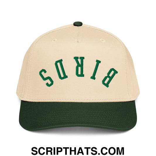 Beige and dark green baseball snapback hat with birds embroidered in bold green lettering on the front for football fans