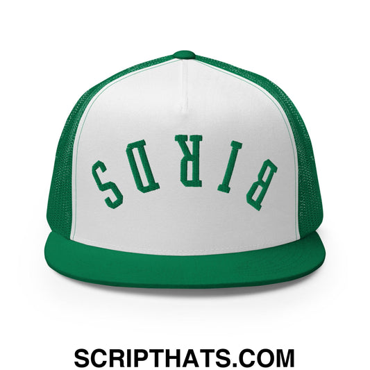 A white and green mesh trucker hat with birds embroidered in bold green lettering on the front flat bill brim