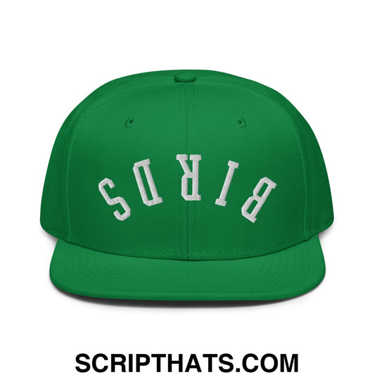 Green snapback cap with white arched birds embroidery featuring a flat bill brim for football fans